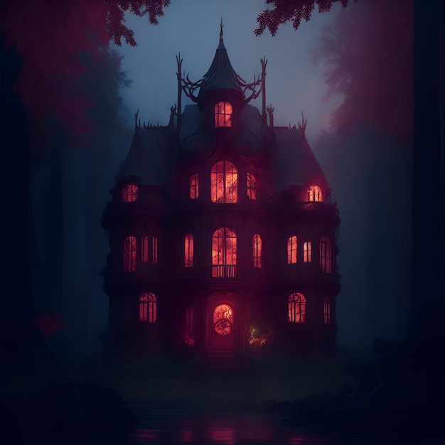 A dark house with a large window that says'the word house'on it