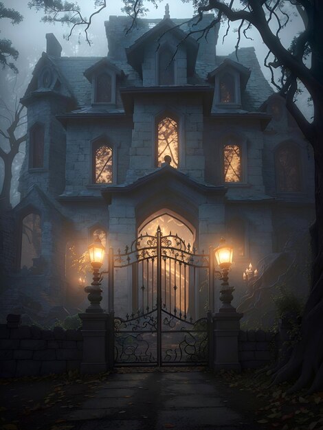 Premium Photo | A dark house with lights on the front