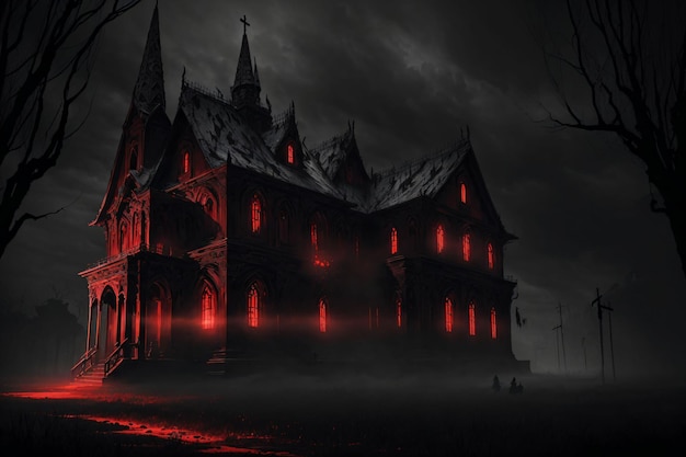 Dark house with red lights at night