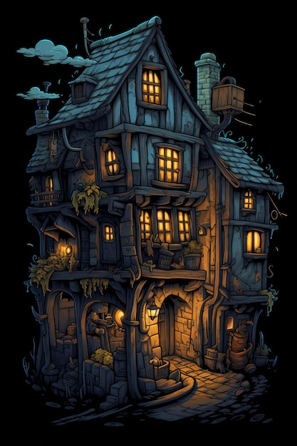 A dark house with a small boat in the bottom right corner.