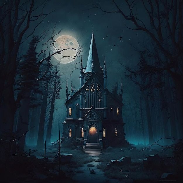 달이 뒤에 있는 숲속의 어두운 집.