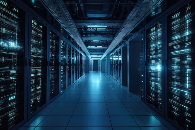 Dark huge data server room with dazzling blue equipment