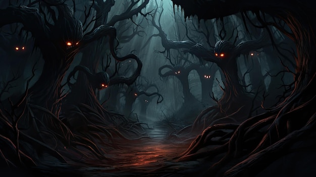 a dark illustration of a dark forest with scary creatures in the dark.