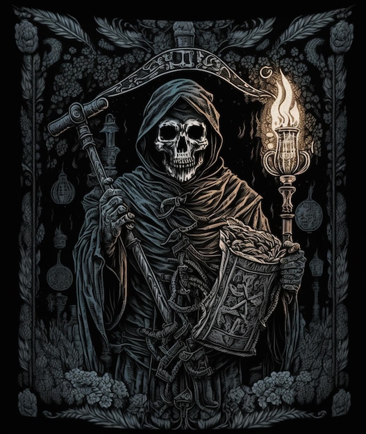 A dark illustration of a grim reaper holding a lantern and a scythe.