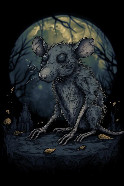 A dark illustration of a mouse with a moon in the background.