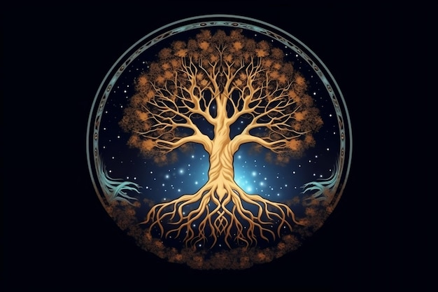 Темная иллюстрация Древа Жизни с лунным генеративным ИИ