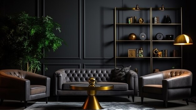 Photo dark interior design with sofa lamp armchair