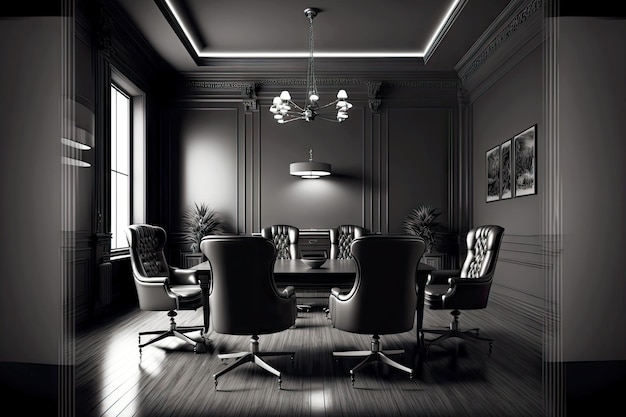 Dark interior of empty meeting room with light armchairs and large glossy table in modern office