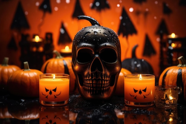 Темный интерьер дома, украшенного к Хэллоуину тыквами, созданными AI иллюстрацией
