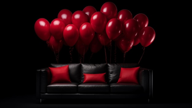 Dark interior with red balloons and a sofa Birthday party