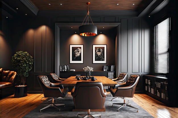 Dark interior with wooden finishes with large table and comfortable armchairs in empty meeting room