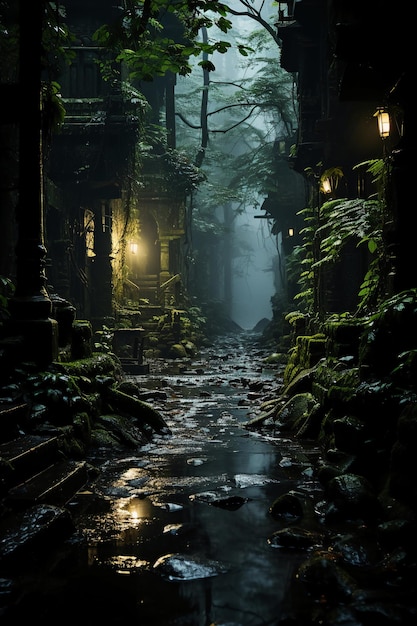 The dark jungle trail bathed in darkness and a creek AI generative