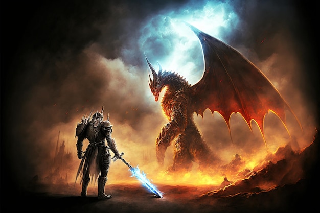 Dark knight warrior in the battle with giant fire dragon Knight with the light sword standing near the giant fire dragon digital art style illustration painting