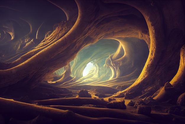 동굴에서 본 maountains의 어두운 풍경 컨셉 아트 디지털 페인팅 판타지 일러스트
