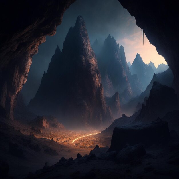 Dark landscape of maountains seen from the cave concept art digital painting fantasy illustration