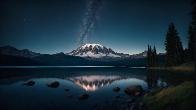 Dark landscape trees starry night stars galaxy in the sky