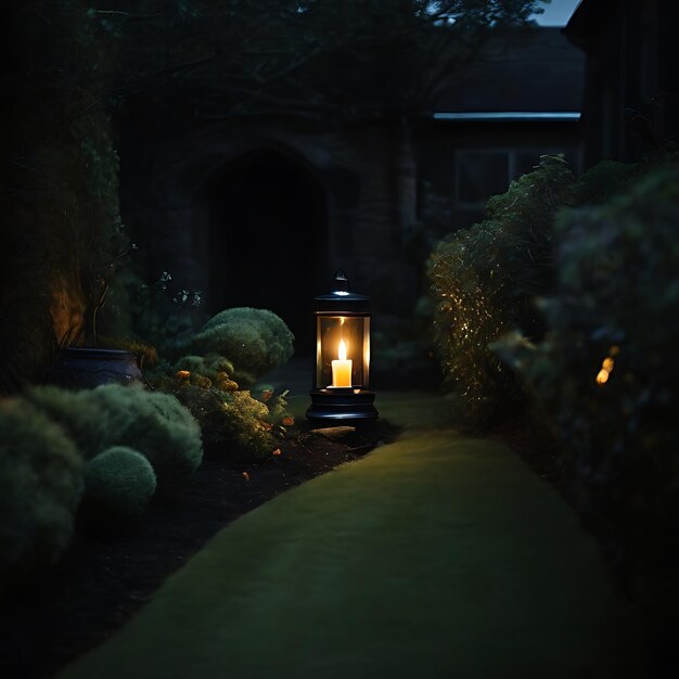 Foto paesaggio buio con una candela in giardino illuminata generata dall'ai