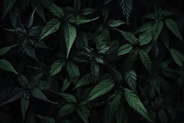 Dark leaves in the forest foliage background in nature