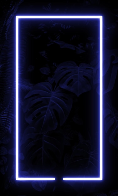 어두운 잎 나무 벽 배경 파란 네온 빛과 수직 배너와 직사각형 모양