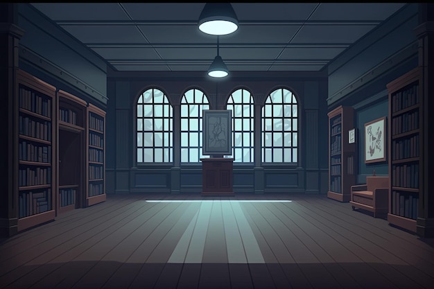 Dark library with bookshelves and a vintage clock Generative AI