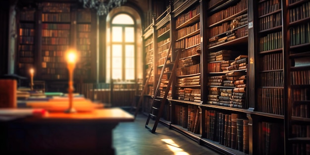 a dark library with rows of books