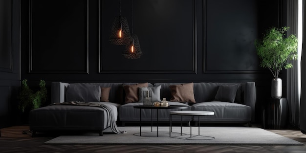 dark living room interior with luxury gray sofa