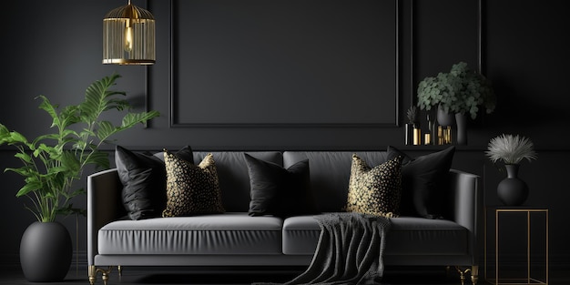 Dark living room interior with luxury gray sofa