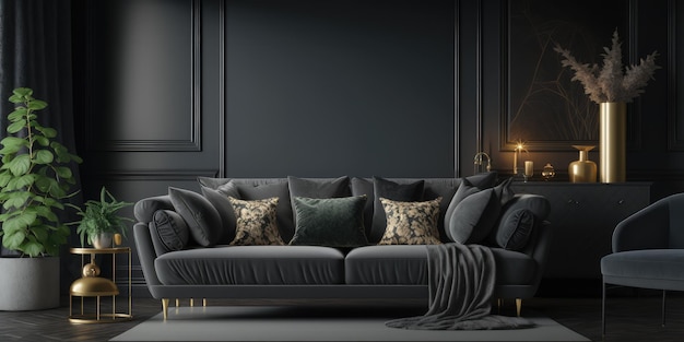 Темный интерьер гостиной с роскошным серым диваном