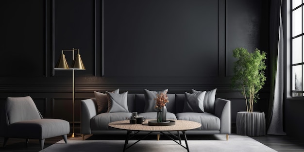 Premium Photo | Dark living room interior with luxury gray sofa