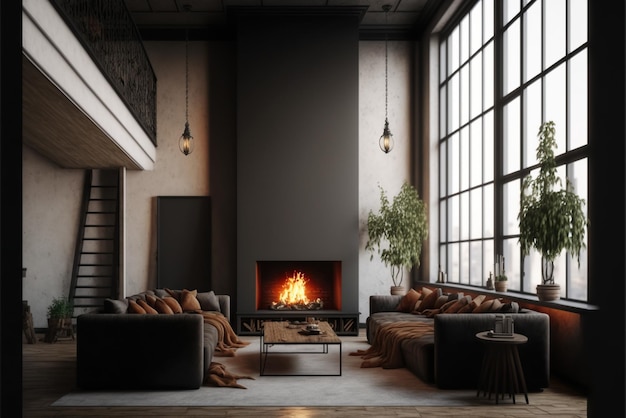 Dark living room loft with fireplace industrial style 3d render Generative AI