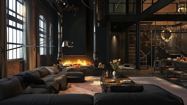 Dark living room loft with fireplace industrial style Ai Generative