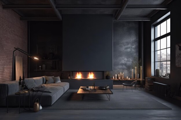 Dark living room loft with fireplace industrial style generative AI