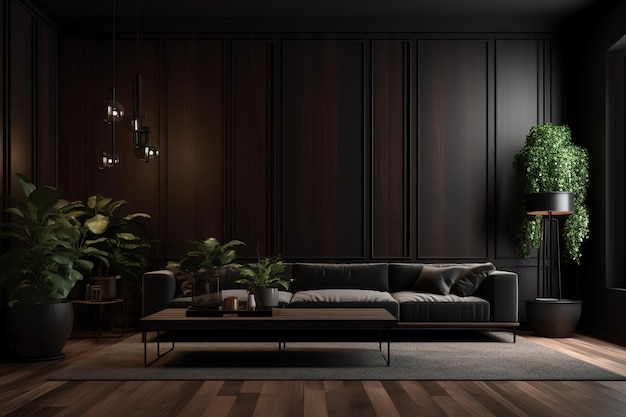 A dark living room with a couch and a plant on the wall