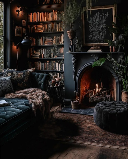 A dark living room with a fireplace and a bookcase with a picture of a fire.