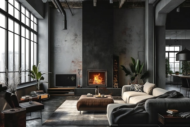 Dark living room with loftstyle design