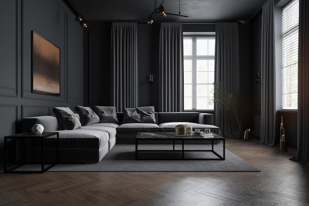 A dark living room with a sofa and a coffee table.