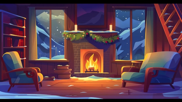 Dark living room with vintage armchairs and couch near fire books on shelf winter view of mountains in window garland on wooden stairs Modern cartoon illustration