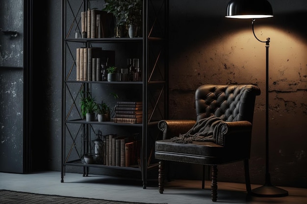 Dark loft decor featuring a bookcase and an antique lamp on the floor