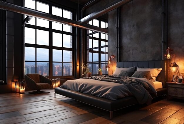 Dark loft master bedroom with large windows