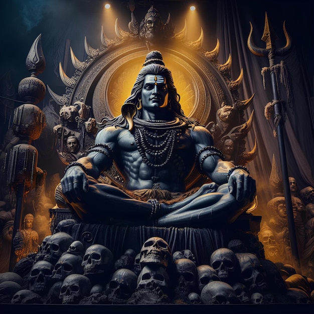 Dark look of lord shiva siting on throne of skulls