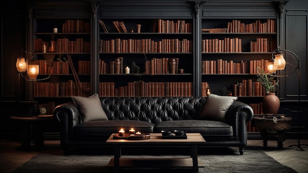 Dark lounge with library sofa bookshelf Generative Ai