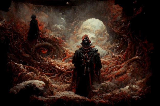 Dark mage in black mantle standing in otherworldly realm neural network generated art painting