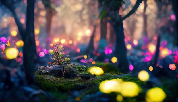 Photo dark magical fairy tale forest background with glowing lights