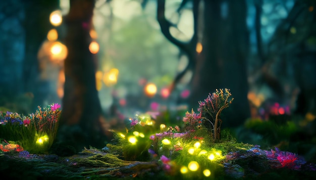 Темный волшебный сказочный лесной фон с светящимися огнями