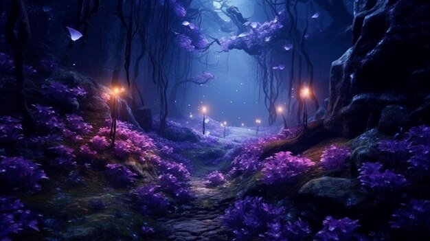 Dark magical forest with purple flowers Generative AI