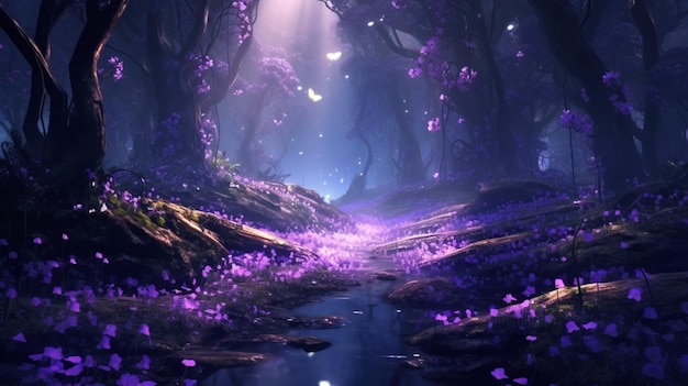 Dark magical forest with purple flowers Generative AI