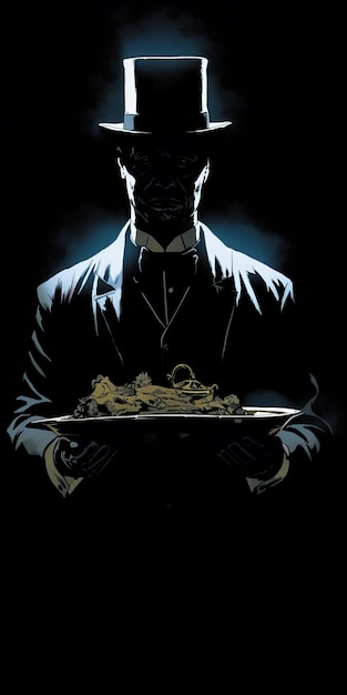 Photo dark man with plate a comicstyle butler in the darkness