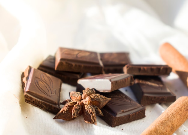 Dark and milk chocolate, cinnamon, anise star, brown sugar, marshmallow, meringue and milk over light background. Ingredients for making hot chocolate. Top view.