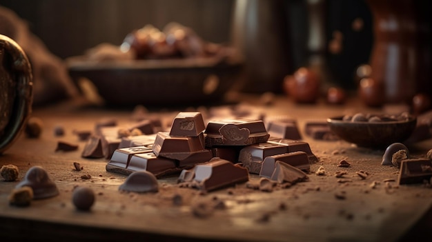 어두운 배경생성 AI에 헤이즐넛을 넣은 다크 초콜릿과 밀크 초콜릿