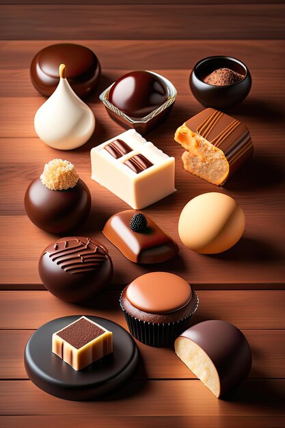 Dark milk and white chocolate candies pralines truffles assorted on wooden table Chocolate de